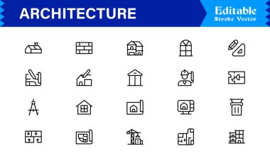 Modern Minimal Tasarımlar, Eşsiz İnşaat Sembolleri, İnşaat Elementleri, Şehir Planlama Simgeleri ve Yaratıcı Kullanım için Yapısal Konseptler içeren Profesyonel Mimari Satır Simgesi Seti