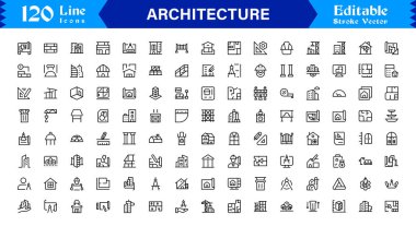Modern Minimal Tasarımlar, Eşsiz İnşaat Sembolleri, İnşaat Elementleri, Şehir Planlama Simgeleri ve Yaratıcı Kullanım için Yapısal Konseptler içeren Profesyonel Mimari Satır Simgesi Seti