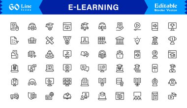 Eğitim, Eğitim ve Çevrimiçi Çalışma Grafikleri Minimum Vektör Satırı Biçiminde E-Öğrenme Simgeleri Koleksiyonu