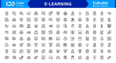 Eğitim, Eğitim ve Çevrimiçi Çalışma Grafikleri Minimum Vektör Satırı Biçiminde E-Öğrenme Simgeleri Koleksiyonu