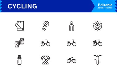 Bisiklet, yol bisikleti ve aktif yaşam tarzı kavramları için tasarlanmış minimal, düzenlenebilir ve piksel olarak mükemmel vektör simgelerine sahip bisiklet çizgisi simgesi seti. 