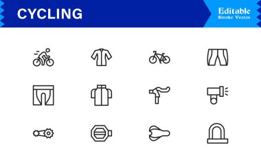 Bisiklet, yol bisikleti ve aktif yaşam tarzı kavramları için tasarlanmış minimal, düzenlenebilir ve piksel olarak mükemmel vektör simgelerine sahip bisiklet çizgisi simgesi seti. 