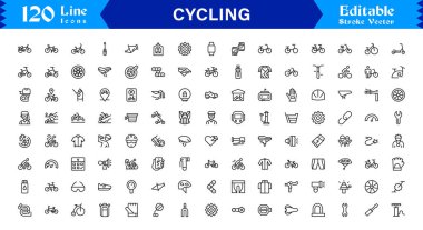 Bisiklet, yol bisikleti ve aktif yaşam tarzı kavramları için tasarlanmış minimal, düzenlenebilir ve piksel olarak mükemmel vektör simgelerine sahip bisiklet çizgisi simgesi seti.