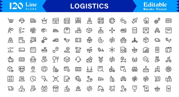 Modern Minimal Teslimat, Ulaştırma, Nakliye, Kargo ve Nakliye Sembolleri içeren Profesyonel Lojistik Çizgisi Simgesi Seti