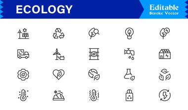 Ekoloji ve Çevre Ana Hattı Simgesi Sürdürülebilirlik, Geri Dönüşüm, Yenilenebilir Enerji ve Yeşil Gezegen Koruma Vektörü Koleksiyonu için Minimum Doğrusal Eko Sembollerini Ayarla 