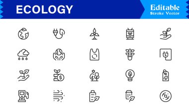 Ekoloji ve Çevre Ana Hattı Simgesi Sürdürülebilirlik, Geri Dönüşüm, Yenilenebilir Enerji ve Yeşil Gezegen Koruma Vektörü Koleksiyonu için Minimum Doğrusal Eko Sembollerini Ayarla 