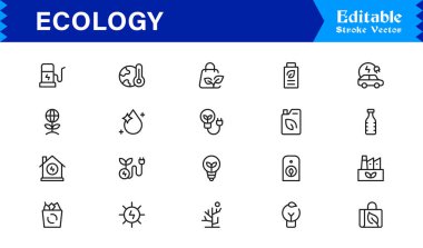 Ekoloji ve Çevre Ana Hattı Simgesi Sürdürülebilirlik, Geri Dönüşüm, Yenilenebilir Enerji ve Yeşil Gezegen Koruma Vektörü Koleksiyonu için Minimum Doğrusal Eko Sembollerini Ayarla 