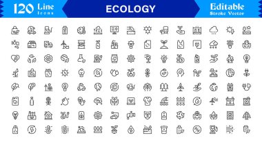 Ekoloji ve Çevre Ana Hattı Simgesi Sürdürülebilirlik, Geri Dönüşüm, Yenilenebilir Enerji ve Yeşil Gezegen Koruma Vektörü Koleksiyonu için Minimum Doğrusal Eko Sembollerini Ayarla 