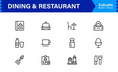 Temiz, düzenlenebilir, pikselle mükemmel vektör simgeleriyle yemek ve restoran çizgisi simgesi ayarlandı. Modern aşçılık, konukseverlik, yemek servisi ve kafe temaları için ideal.