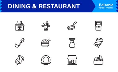 Temiz, düzenlenebilir, pikselle mükemmel vektör simgeleriyle yemek ve restoran çizgisi simgesi ayarlandı. Modern aşçılık, konukseverlik, yemek servisi ve kafe temaları için ideal.