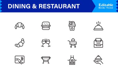 Temiz, düzenlenebilir, pikselle mükemmel vektör simgeleriyle yemek ve restoran çizgisi simgesi ayarlandı. Modern aşçılık, konukseverlik, yemek servisi ve kafe temaları için ideal.