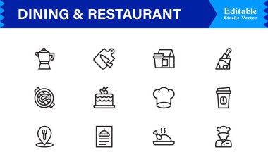 Temiz, düzenlenebilir, pikselle mükemmel vektör simgeleriyle yemek ve restoran çizgisi simgesi ayarlandı. Modern aşçılık, konukseverlik, yemek servisi ve kafe temaları için ideal.