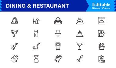 Temiz, düzenlenebilir, pikselle mükemmel vektör simgeleriyle yemek ve restoran çizgisi simgesi ayarlandı. Modern aşçılık, konukseverlik, yemek servisi ve kafe temaları için ideal.