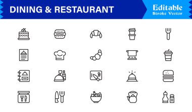 Temiz, düzenlenebilir, pikselle mükemmel vektör simgeleriyle yemek ve restoran çizgisi simgesi ayarlandı. Modern aşçılık, konukseverlik, yemek servisi ve kafe temaları için ideal.