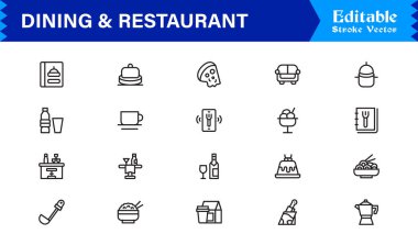Temiz, düzenlenebilir, pikselle mükemmel vektör simgeleriyle yemek ve restoran çizgisi simgesi ayarlandı. Modern aşçılık, konukseverlik, yemek servisi ve kafe temaları için ideal.