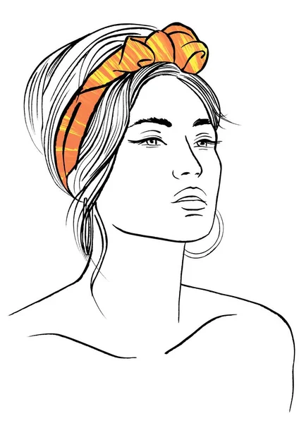 Schönes Frauengesicht Mit Orangefarbenem Kopftuch Mode Portrait — Stockfoto