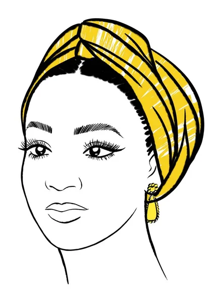 Linda Mulher Afro Americana Com Turbante Amarelo Ilustração Retrato Moda — Fotografia de Stock