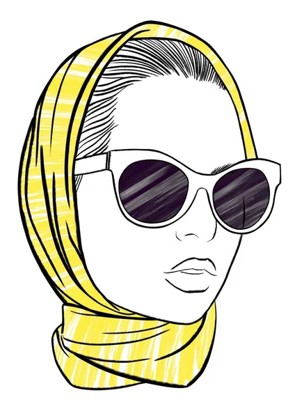 Retrato Uma Mulher Lenço Cabeça Óculos Sol Ilustração Retrato Moda — Fotografia de Stock
