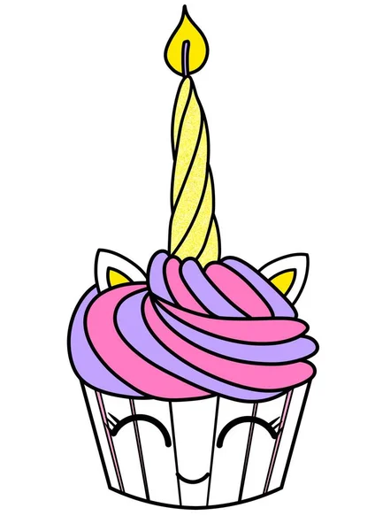 Cupcake with candle, cute illustration