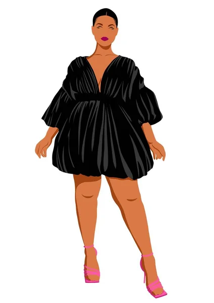 Hermosa Mujer Afroamericana Vestido Negro Modelo Talla Grande Ilustración Plana —  Fotos de Stock