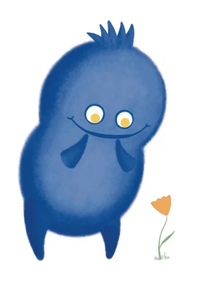 Mignon Monstre Bleu Avec Fleur Sur Fond Blanc Illustration Dessinée — Photo