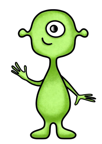 Desenho Animado Pequeno Alienígena Verde Fundo Branco Ilustração Para Crianças — Fotografia de Stock