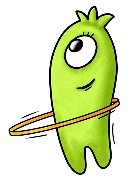 Alienígena Verde Bonito Com Hoola Houp Desenho Animado Ilustração — Fotografia de Stock