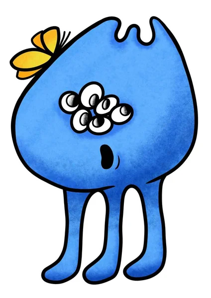 Mignon Monstre Bleu Créature Bande Dessinée Avec Les Yeux Bouche — Photo