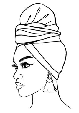 african american girl with traditional headscarg, outline fashion illustration. Coloring page for adults