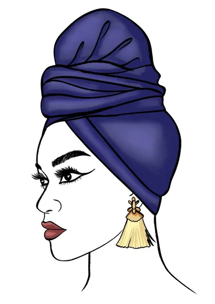 非洲女孩 用传统的蓝色头巾手绘时尚插图 — 图库照片