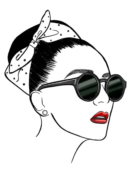 Fashion Girl Zwarte Zonnebril Witte Achtergrond Vijftigste Stijl Handgetekende Illustratie — Stockfoto