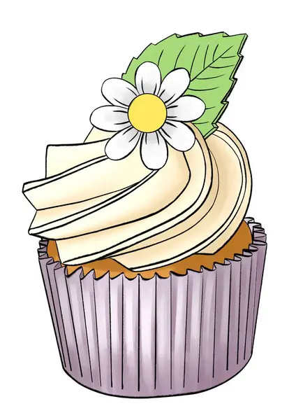 Illustration of a cupcake with a flower on a white background