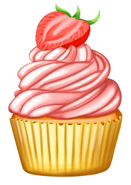 Cupcake Com Chantilly Morango Aquarela Ilustração — Fotografia de Stock