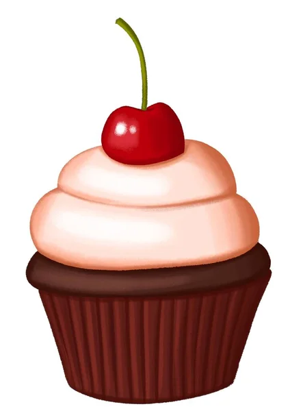 Cupcake Chocolate Con Crema Chery Ilustración Acuarela — Foto de Stock