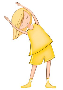 Egzersiz yapan sarışın kız, suluboya çizimler izole edilmiş.