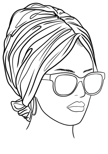 Schönes Mädchen Mit Kopftuch Und Sonnenbrille Umriss Porträt Malvorlage — Stockfoto