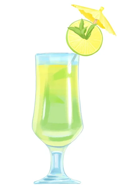 绿色鸡尾酒 柠檬和伞 水彩画 — 图库照片