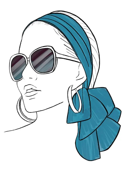 Mädchen Mit Grünem Kopftuch Und Sonnenbrille Mode Illustration — Stockfoto