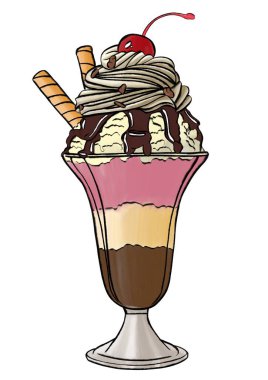 Krem şantili ve kirazlı el çizimli cam kaplı dondurma.