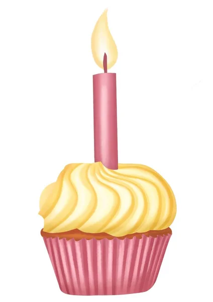 Urodziny Różowy Babeczka Świecą Akwarela Ilustracja — Zdjęcie stockowe