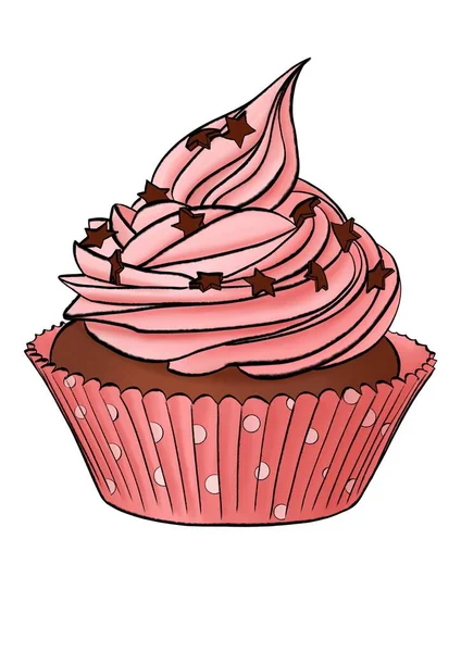 Cupcake Crème Rose Illustration Dessinée Main — Photo