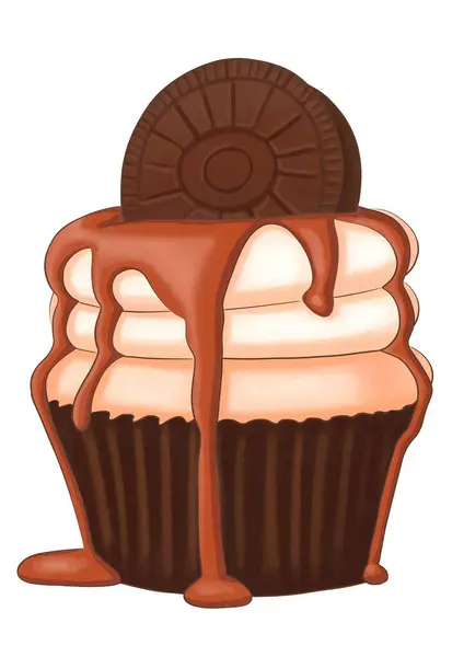 Chocolate Upcake Dekoriert Mit Schokoladenkeks Aquarell Illustration Auf Transparentem Hintergrund — Stockfoto