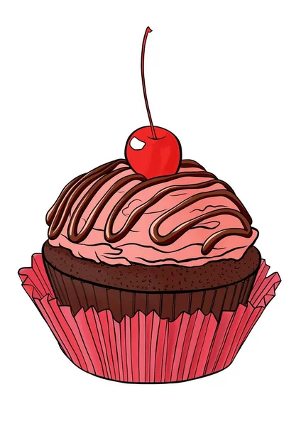 Cupcake Chocolat Avec Illustration Dessinée Main Cerise — Photo