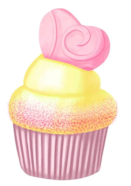 Cupcake Med Hjärtformad Fondant Akvarell Illustration — Stockfoto