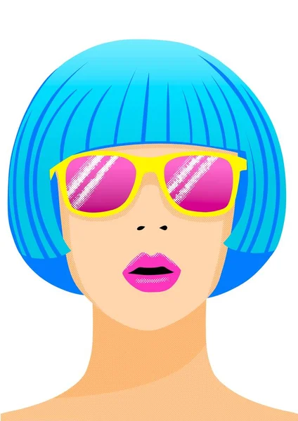 Dívka Modrými Vlasy Růžovými Slunečními Brýlemi Plochá Ilustrace — Stock fotografie