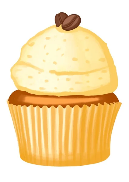 Cupcake Com Creme Grãos Café Ilustração Aquarela — Fotografia de Stock