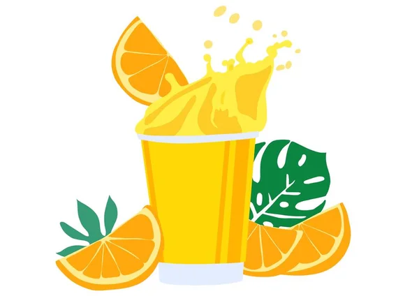 Orange Juice Glass Slices Orange Leaves Flat Illustration — Stock Photo, Image