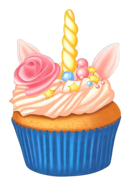 Eenhoorn Cupcake Met Roze Glazuur Aquarel Illustratie — Stockfoto