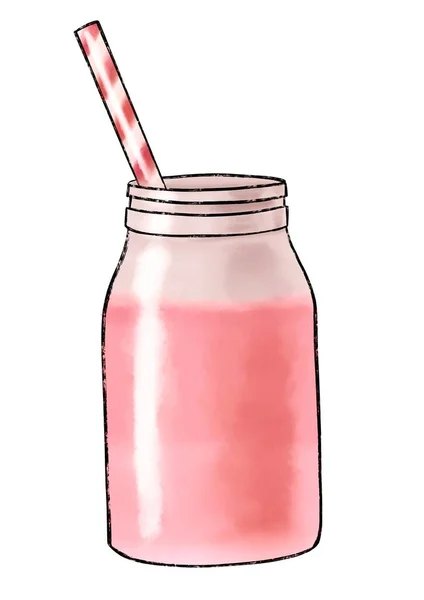 Růžový Mléčný Koktejl Láhvi Slaměnou Akvarelovou Ilustrací — Stock fotografie