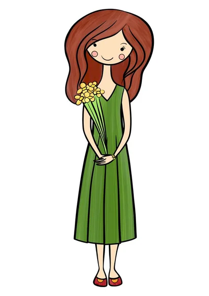 Cute Girl Bouquet Flowers Cartoon Illustration Cards Books Textile Etc — Stock fotografie